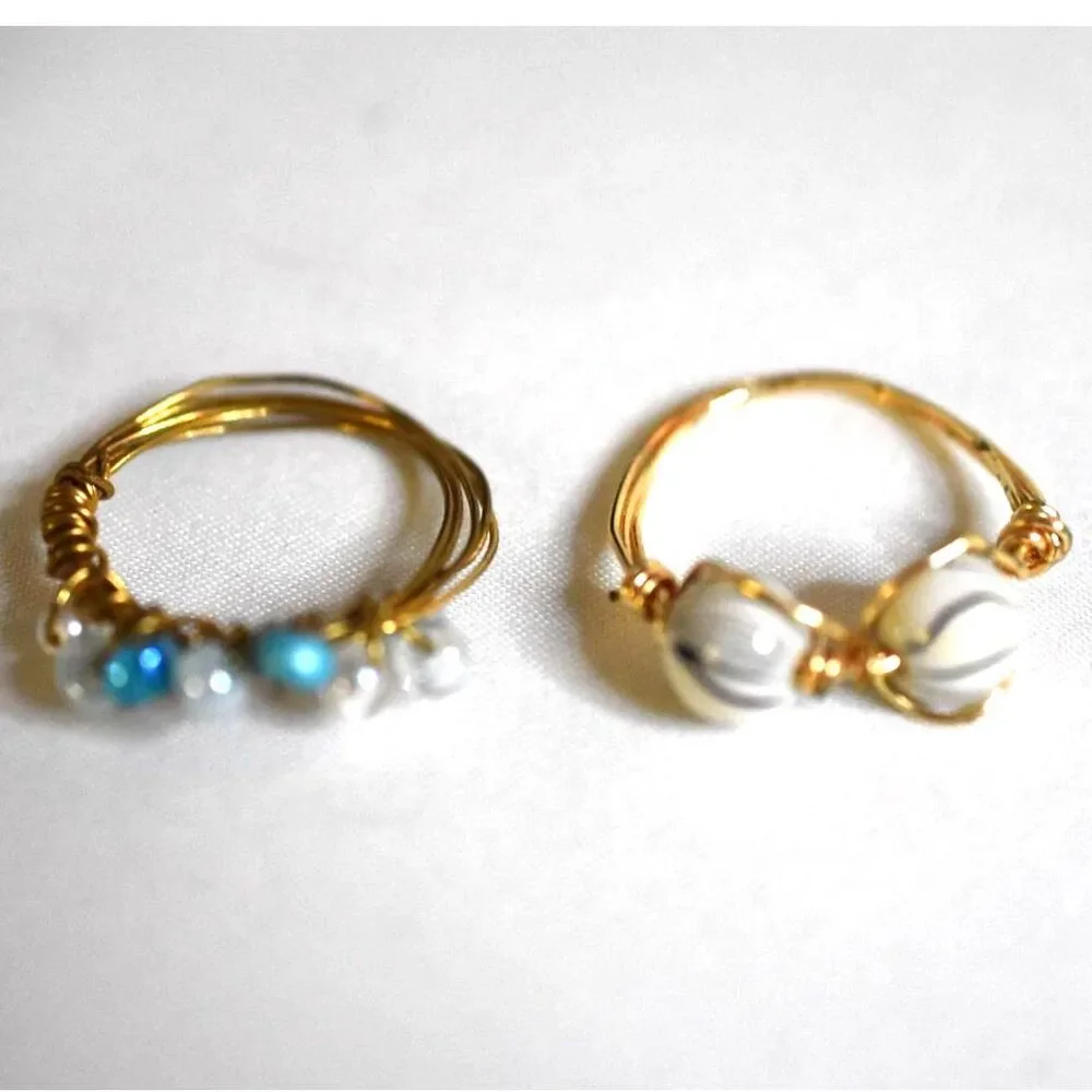 Two Intriguing Gold Tone Wire Wrap Beads/Stones Size 13 Y2K Hipster Casual Rings